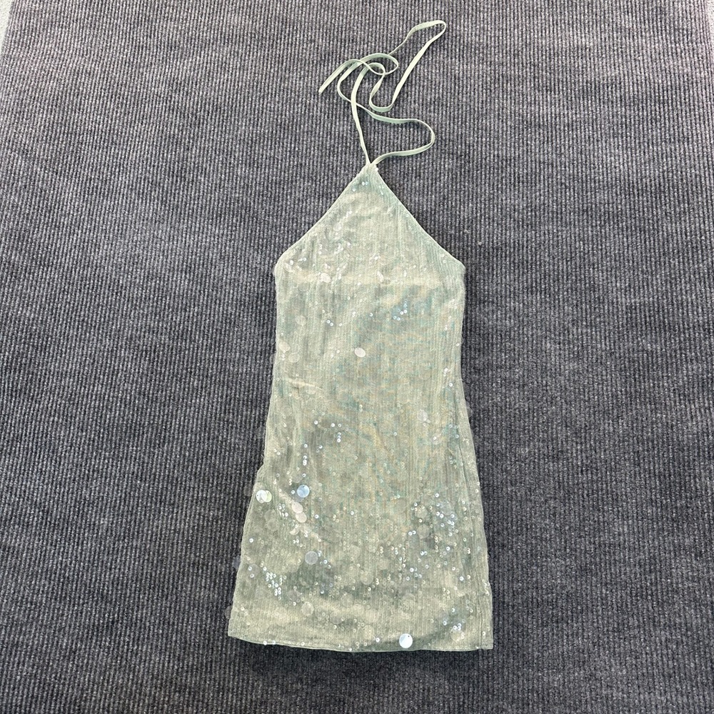 SHEIN Sequin Halter Mini Dress XS Sage Green Party Bodycon Backless Clubwear GUC